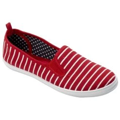 Deals 🥰 Ashley-Blue 👩 Womens Ashley Blue Red Stripe Canvas Slip On Flats 😀